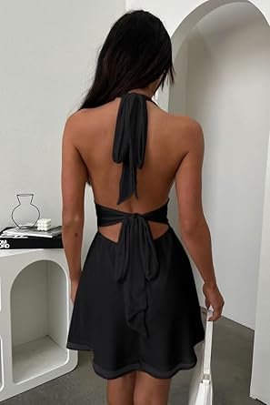 51-Uzz19ZCL._AC_SY445_.jpg Women's Halter Deep V Neck Flowy Chiffon Bow Tie Backless Summer Mini Dress