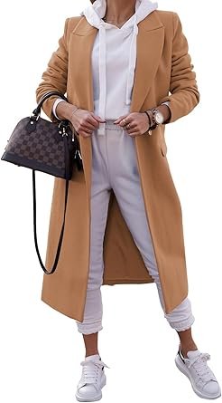 Women Double Breasted Pea  Notched Lapel Collar Blend Long