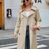 Women Double Breasted Long Windproof Classic Lapel Slim with Belt