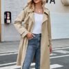 Women Double Breasted Long Windproof Classic Lapel Slim with Belt