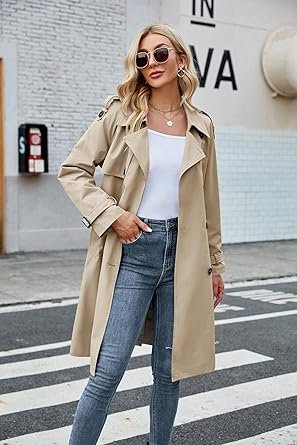 Women Double Breasted Long Windproof Classic Lapel Slim with Belt