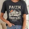 Women Camping Hiking Shirt Sunrise Pine Tree Graphic Tees Nature Casual Short Sleeve Shirt