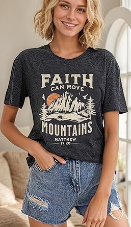 71gRRIdq6L._AC_SY445_.jpg Women Camping Hiking Shirt Sunrise Pine Tree Graphic Tees Nature Casual Short Sleeve Shirt
