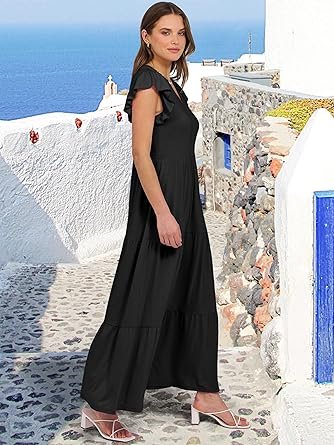 81QeG31VGL._AC_SY445_.jpg Womens Casual Maxi Dress V Neck Ruffle Sleeve Long Dresses Fashion Flowy Tiered Boho Beach Vacation Sundress