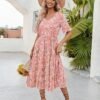 Women Casual Dress Floral V Neck Ruffle Short Sleeve Flowy Beach Dress with Pockets